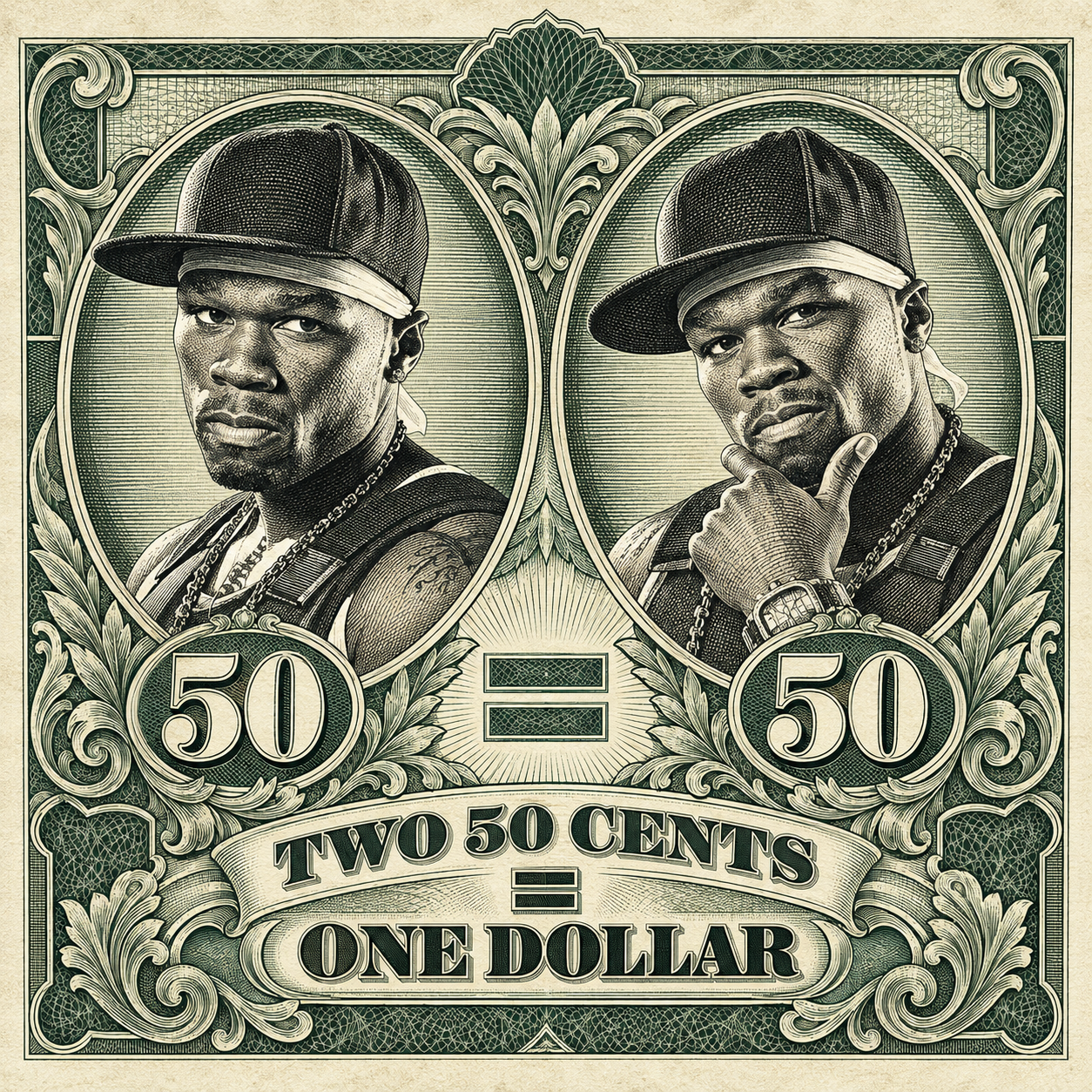 Two engraved portraits framed inside a fictional banknote with the equation two 50 cents equals one dollar